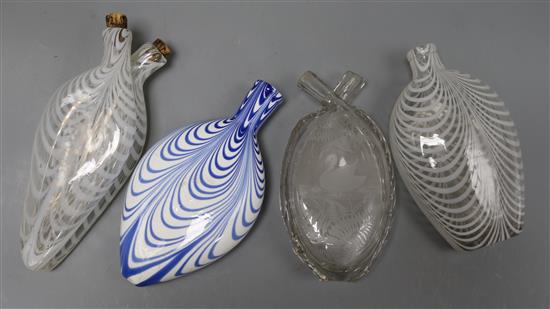 Four Nailsea-type flasks longest 24cm